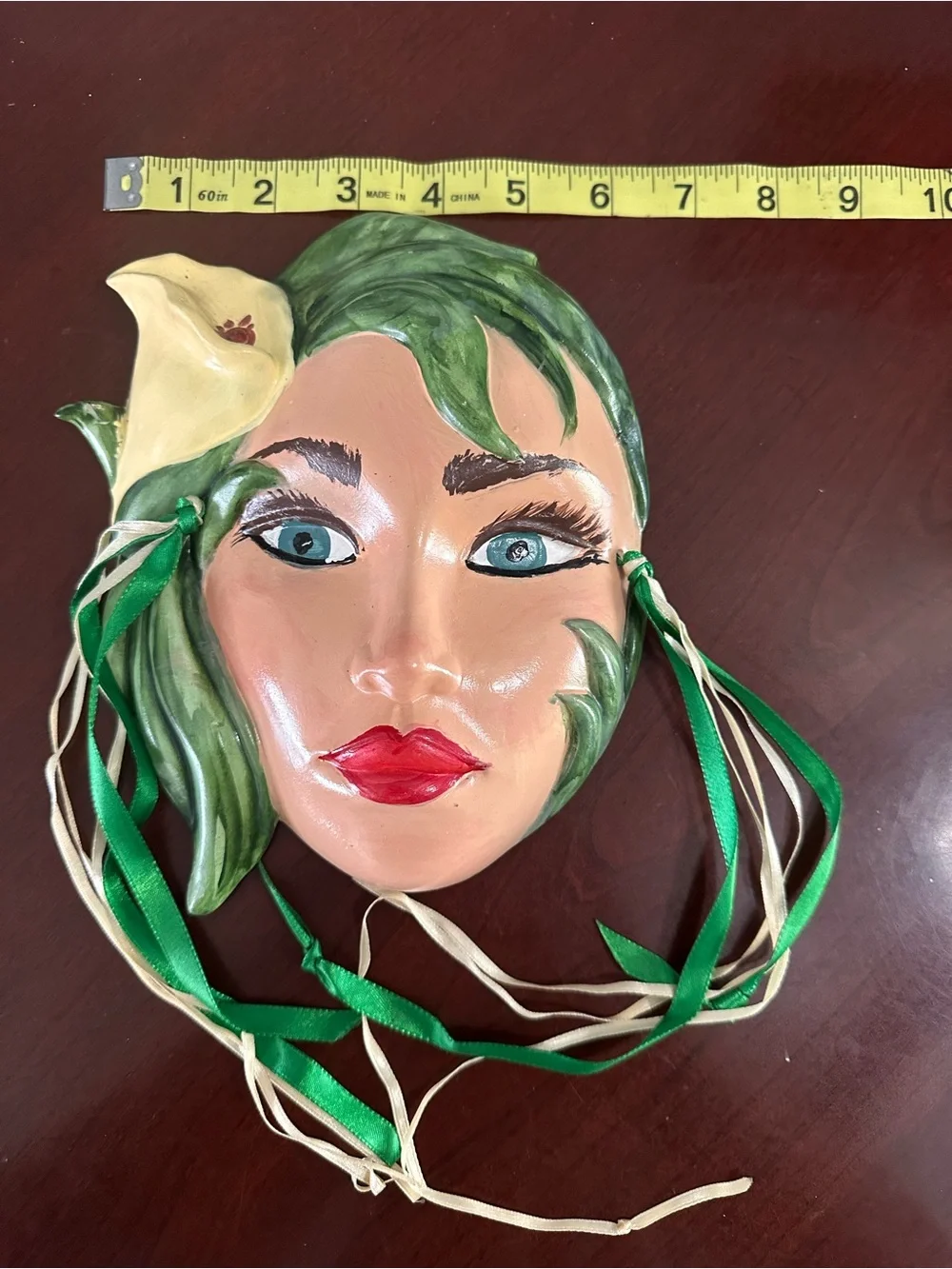 Vintage ceramic glamor girl mask wall hanging 1980s art deco revival
